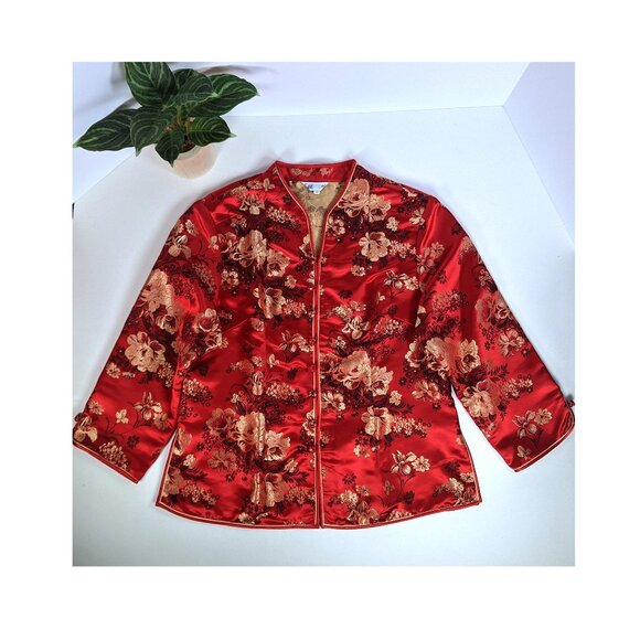 Satin Chinese Mandarin Top Long Sleeves XXL Embroidered Ruby Red Vintage - Picture 9 of 10
